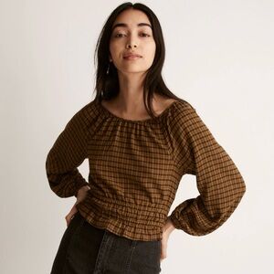 Madewell Brown Plaid Smocked Waist Peasant Blouse
